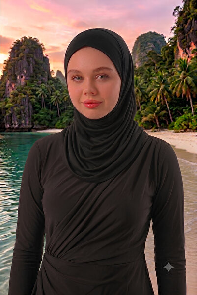 Melodi Scarf Kadın Tesettür Yüzücü Bone - Deniz Havuz Bonesi - Hijab Spor Bone - Boyunluklu Ninja Bone Siyah