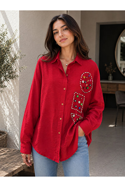 ues Stone Embellished Oversize Red Women's Shirt