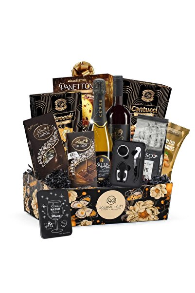GourmetGift Pachet cadou Venezia, 11 piese cu Vin Spumant si Vin Rosu, Panett...