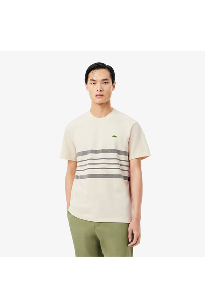Lacoste Erkek Classic Fit Bisiklet Yaka Çizgili Krem T-Shirt