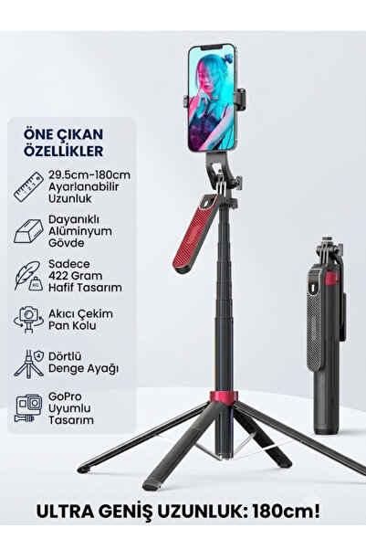 The Wlue Bluetooth Kumandalı Go Pro Tripod Selfie Çubuğu | 360° Pan Kolu | 18...