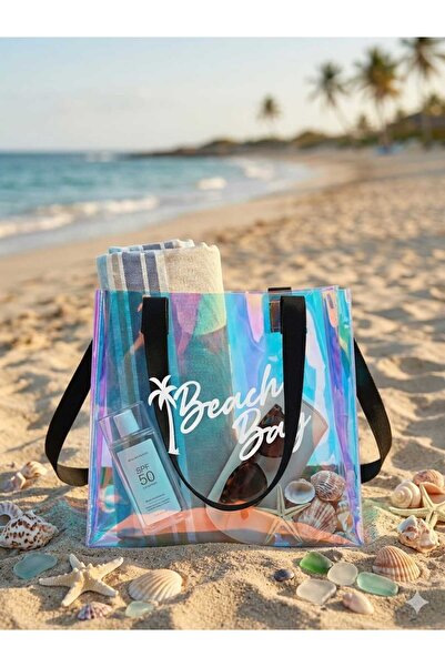 E evalupe Hologram Kadın Beach Bag Baskılı Şeffaf Plaj Çantası