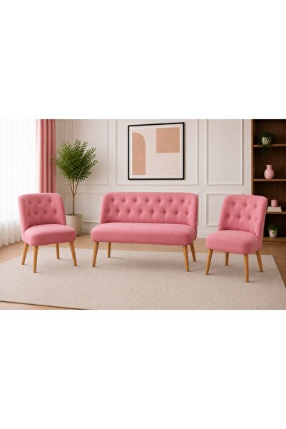 Vivense ARVEN KOLSUZ ÇAY SETİ KOLTUK TAKIMI 2+1+1, PEMBE, CEVİZ AYAK