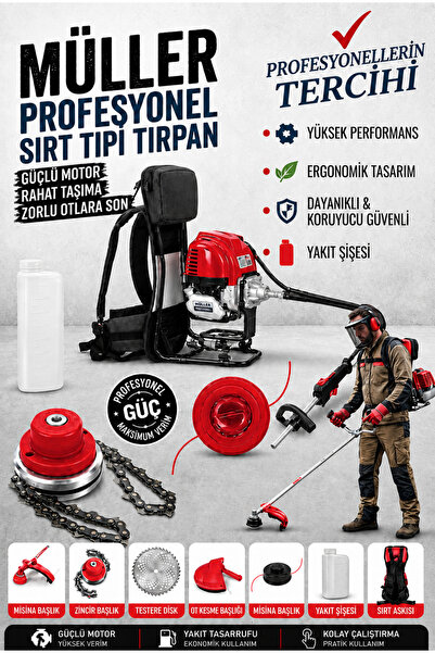 Pro Müller Alman Profesyonel Çelik Piston Sırt Tipi Benzinli Tırpan Ot Çalı Ç...