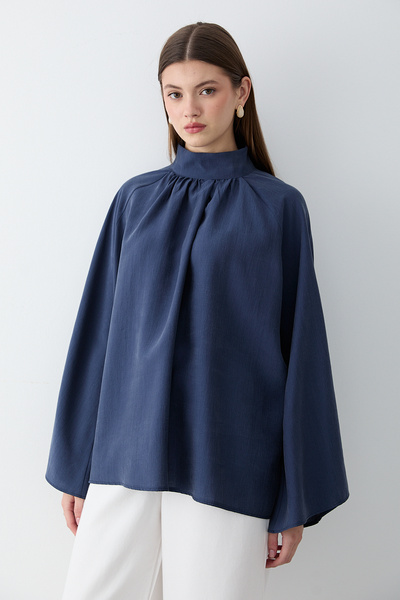 JASTE Kadın Hakim Yaka Pelerin Kollu Oversize Bluz