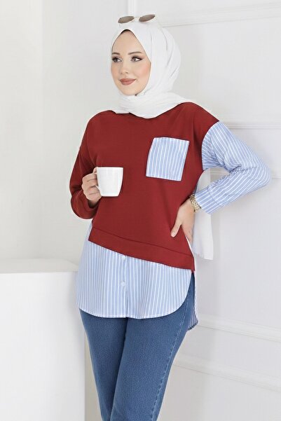 TOFİSA Etek Ve Cep Çizgili Detaylı Tunik - 2064-BORDO