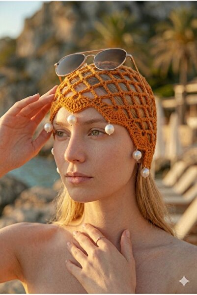 Belifanti Collection Women's Orange Summer Mesh Bandana Hat with Pearls Knitt...