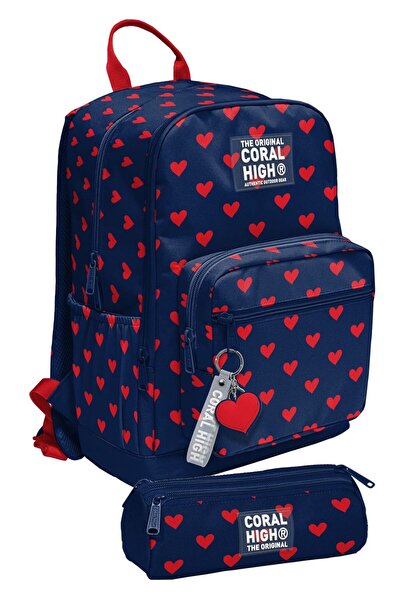 Coral High Navy Blue Red Heart Patterned Primary and Secondary School Backpac...
