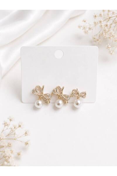 Mervişim Aksesuar Women's Steel Earrings with Pearl and Bow Detail