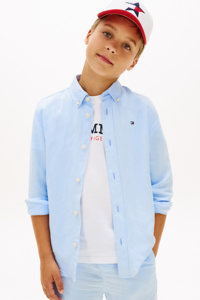 Tommy Hilfiger Erkek Çocuk Keten Karışımlı Mavi Uzun Kollu Relaxed Gömlek