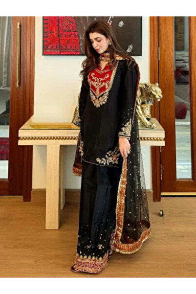 MYSMAR Black Maska Cotton Embroidered Kurta Palazzo Set - HRT8185 | Black