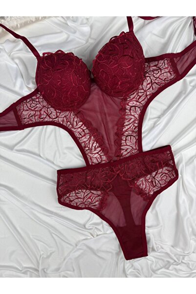 ROZENİN LINGERIE Supportive Lace Tulle Detailed Snap-On Bodysuit