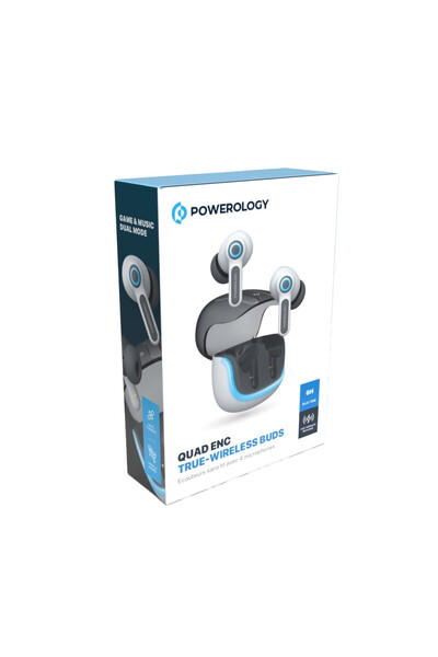 Powerology سماعات أذن لاسلكية حقيقية كواد إي إن سي باللون الأبيض