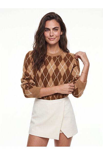 ONLOOX Coffee Tan Acrylic Blend Crew Neck Standard Fit Argyle Pattern Knitted...