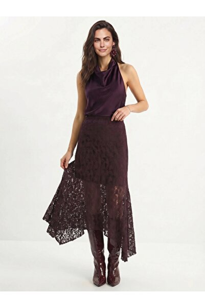 ONLOOX Eggplant Lycra Lace Fabric Lined Asymmetrical Cut Detailed Modern Desi...