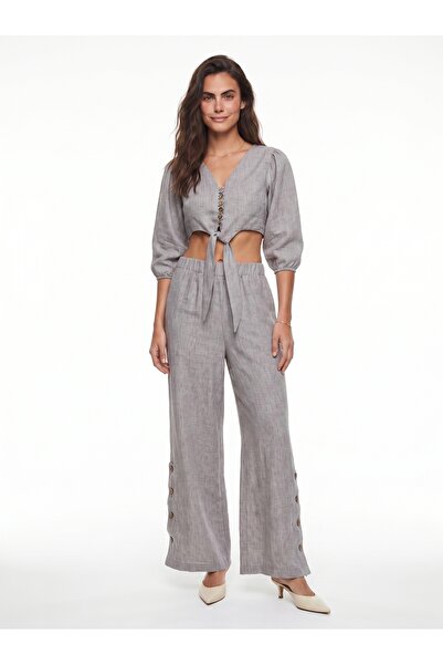 ONLOOX Gray Cotton Tie-Detail Lined Buttoned Blouse and Trousers Set