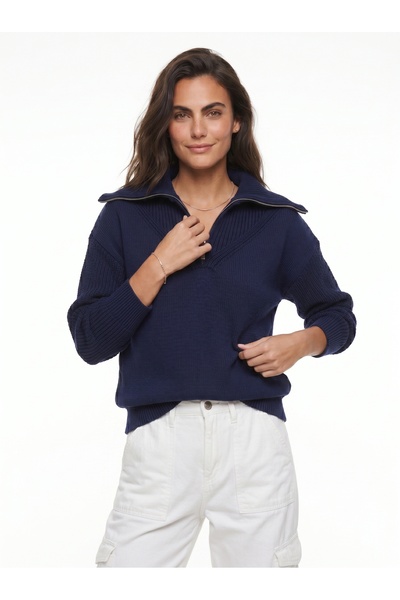 ONLOOX Navy Blue Acrylic Turtleneck Half Zipper Standard Size Long Sleeve Kni...