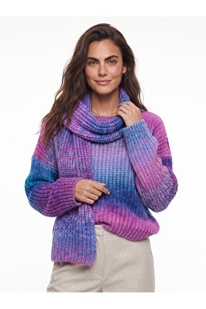 ONLOOX Fuchsia Turquoise Knitted Textured Crew Neck Standard Size Sweater wit...