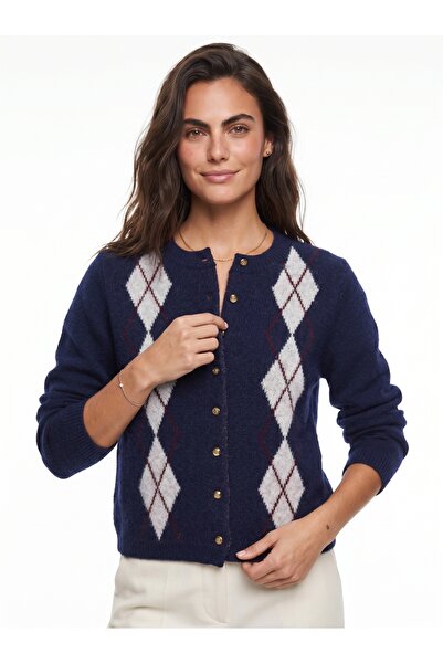 ONLOOX Navy Blue Acrylic Blended Knitwear Fabric Diamond Patterned Buttoned S...