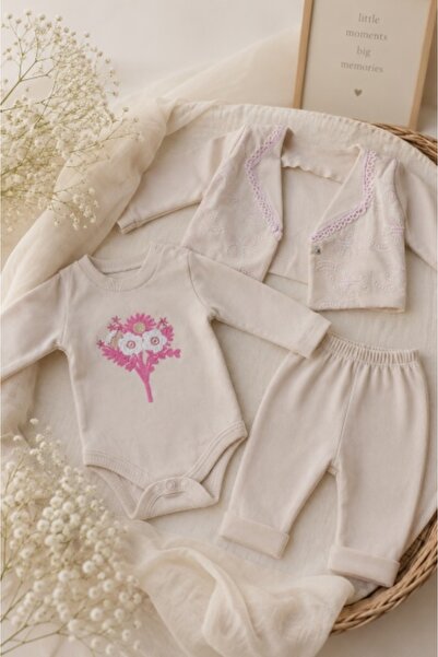 Superbaby Compleu crem cu broderie, body, pantalonasi si bolero, Babyim, bumbac