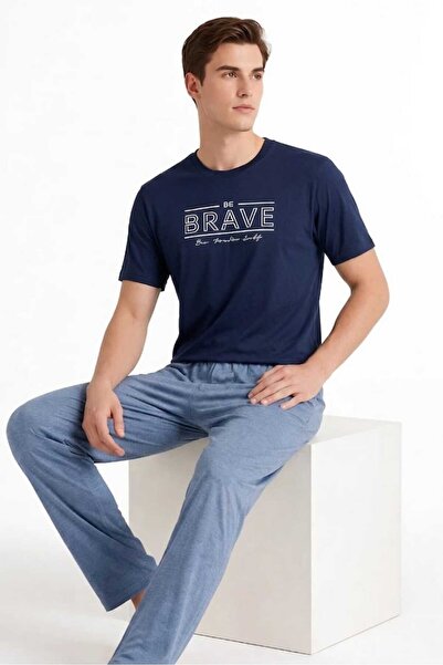Sude HOMEWEAR طقم بيجامة رجالي بأكمام قصيرة باللون الأزرق الداكن مع كتابة على...