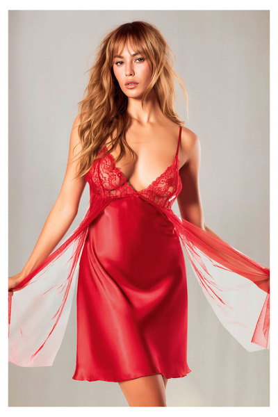 White Velvet Women's Red Lace Detailed Satin Nightgown