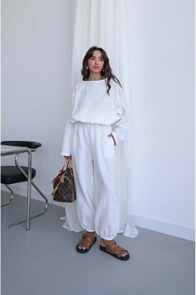 Havoş Ecru Atina Bluza Hlače Muslin Set