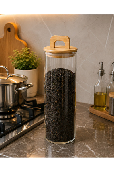 YDGR Bambu Kapaklı Cam Baharatlık Kavanozu | Çay Kahve Şeker ve Baharat Saklama Kavanozu 1800 ml