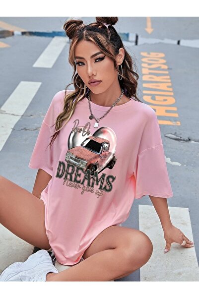JENOLAN Femei/Fete Never Give Up Imprimat Roz Oversize Salas Boyfriend Tricou...
