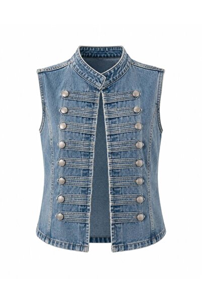 HARMONY GLOBAL Kadın Hakim Yaka Düğme Detaylı Mavi Denim Yelek – Kolsuz Jean ...