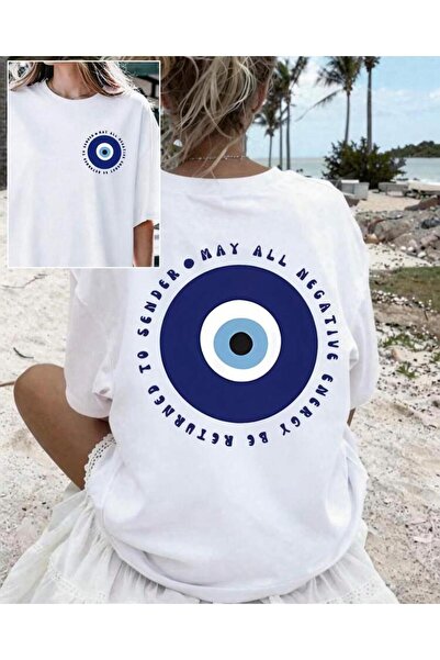 Oceanwear تي شيرت نسائي أبيض سادة بأكمام قصيرة مطبوع عليه عين الشر