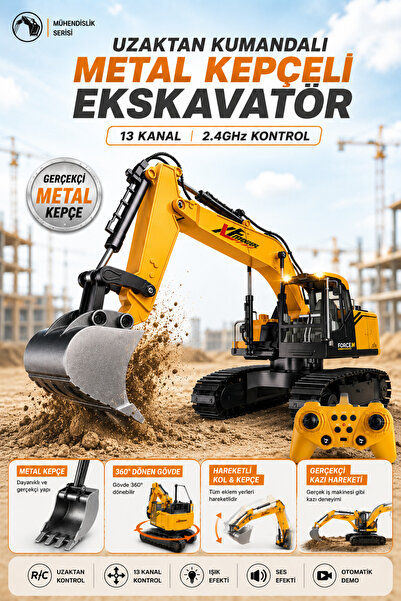 YILDIRIM OYUNCAK Uzaktan Kumandalı Metal Kepçeli Ekskavatör – 13 Kanal 2.4GHz...