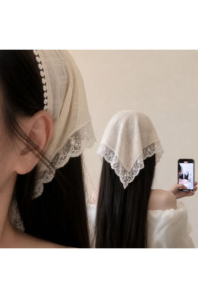 synshop Ecru Cream Bohemian Embroidered Tulle Hair Bandana with Lace Edge Vin...