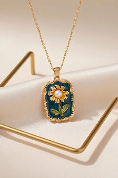 RMY MODA Women's Petrol Green Pearl Detailed Flower Figured Medallion Necklace