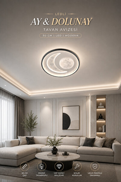 Elvora Home Modern (PREMİUM) Ay ve Dolunay Desenli Modern Tavan Armatürü LED ...