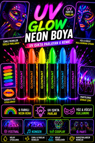 Tamsena Store 6''lı UV Işıkta Parlayan Neon Glow Boya Seti 6 Renk Yüz Vücut M...