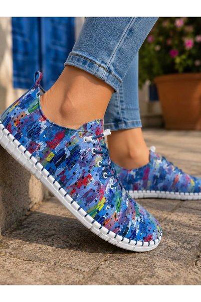 MELİS'E Women's Blue Patterned Genuine Leather Daily Orthopedic Shoes + Available up to Size 36-43