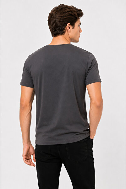 MJORA Gri Bakılı %100 Pamuk Slim Fit Tişört
