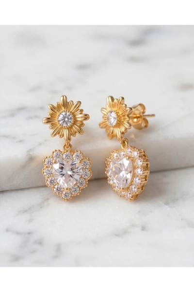 Portakal Esintisi Cardelia Heart Cut Zircon Stone Flower Motif Dangle Steel X...
