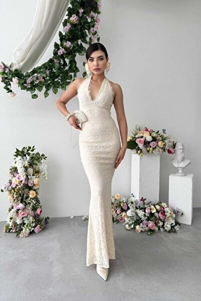 CKM MODA Lens lace midi dress beige