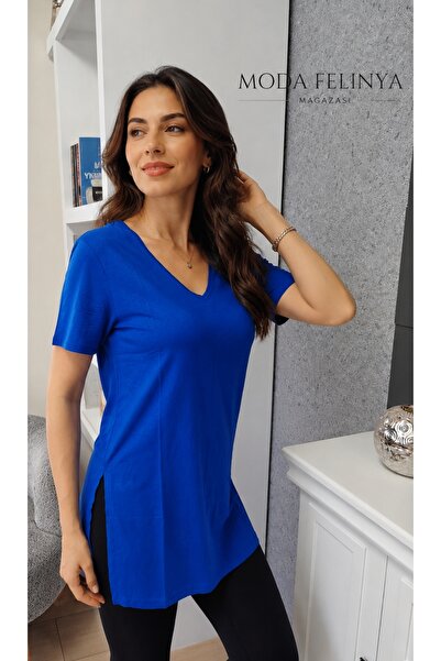 moda felinya KADIN KISA KOLLU V YAKA SAX MAVİ RENK TAYT ÜZERİ KULLANIM İÇİN İ...