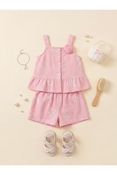RÜYA KİDS Baby Girl Muslin Fabric Shorts Summer 2-Piece Top and Bottom Set
