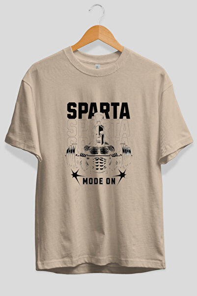 Ankhises Tricou bej cu imprimeu frontal Sparta Gym Oversize, 100% bumbac, îmb...