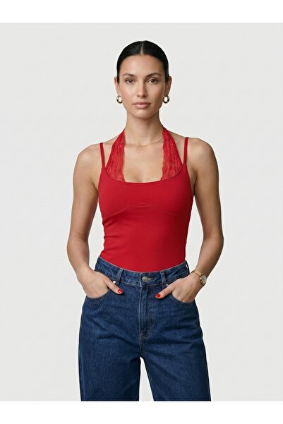 Noe Collection Kadın Dantel Yaka İnce Askılı Çıtçıtlı Bodysuit