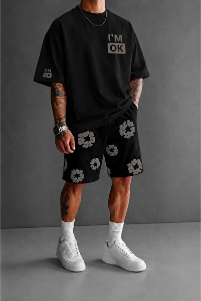 LOTS MODA Men's I'M Ok Printed Oversize 100% Cotton T-Shirt Shorts Set