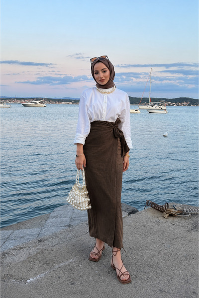 La Querta Linen Look Skirt with Bow Tie - Brown Color