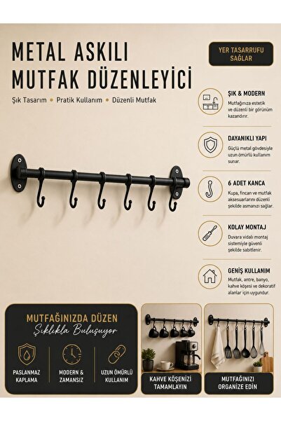 Textile sweet Siyah Metal Mutfak Ve Banyo Askısı Çok Amaçlı 6 Kancalı Askı De...