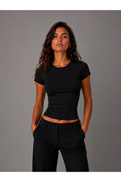 PARSHEY Kadın Baby Tee Bisiklet Yaka Slim Fit Basic Tişört Dar Kalıp Kısa Kol...