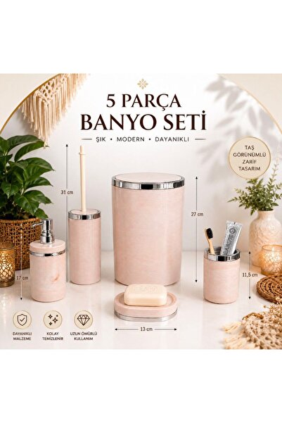HÜCO BAZAAR Kaliteli Şık 5 Parça Mermer Desen Banyo Seti (Çöp Kovası, Wc Fırç...