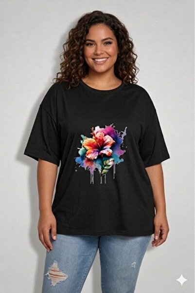 JENOLAN Women's Plus Size Colorful Floral Printed Oversize T-Shirt Loose Boyf...